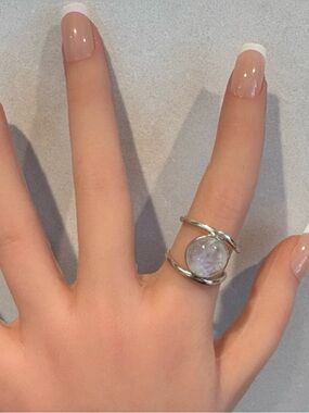 Vintage 925 Sterling Silver Moonstone Cage Ring / Scarf Slide - Size 8.5
